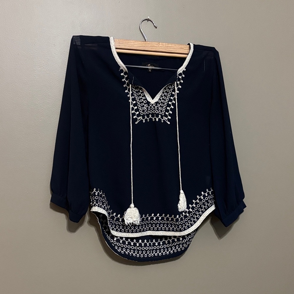 Monteau Dark Blue Blouse with White Embroidery